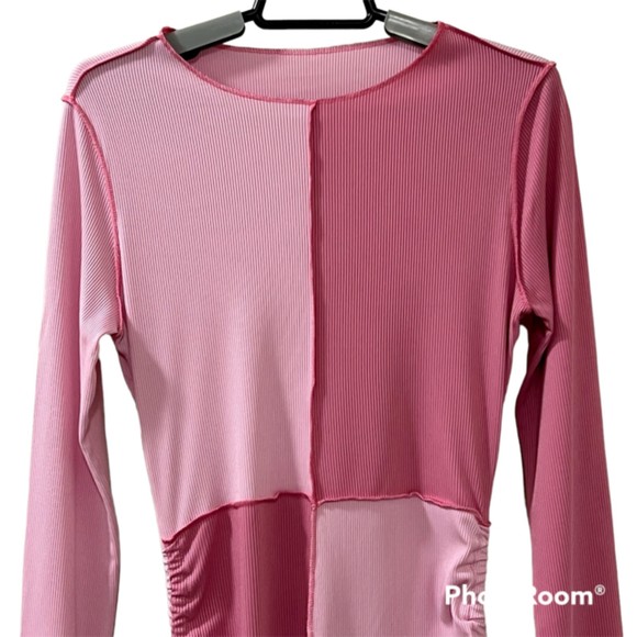 SHEIN Womens Pink Colorblock Ruched LS Bodycon Dress Drawstring Size Medium 6 - Picture 3 of 12
